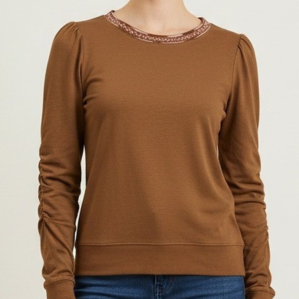 Mystree NWT Cognac Puff Sleeve Top Womens M Rust Brown Trim Collar Boho Fall